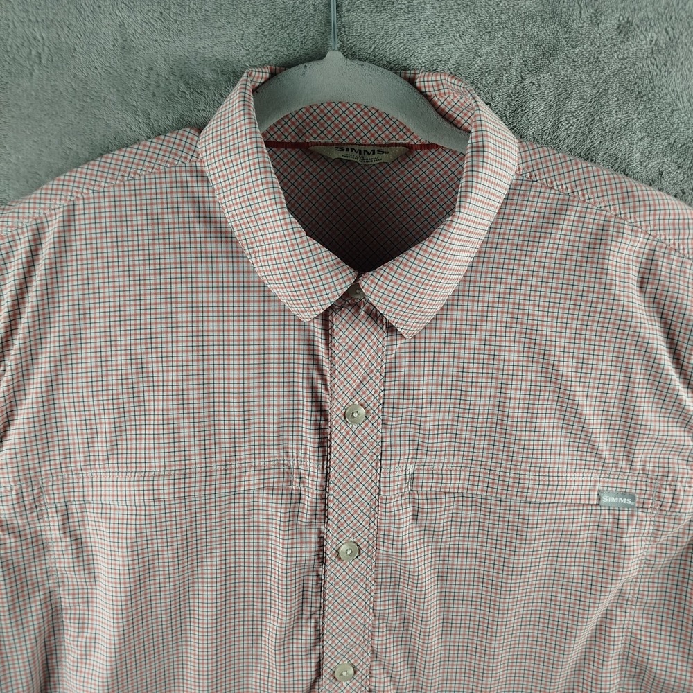 Simms Fishing Plaid Shirt Mens L Button Down‎ Long Sleeve Vented Nylon Stretch